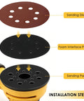 Installation of Huge 100 Pack Of 5 Inch Hook And Loop Sanding Discs With Eight Holes for Universal Random Orbital Sanders.