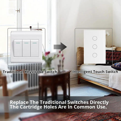Traditional keystroke switch and intelligent Smart WiFi Wall Light Switch With Glass Panel comparison in a living room setting.