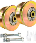 V Groove Gate Wheel Set 4 Inch Sliding Gate Rollers, 54 Mm Wide Heavy Duty Steel Wheels With Double Bearings shown with screws