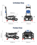 Xsto CT250S Self Balancing Electric Stair Climber Dolly Boss Moves 551 Lbs Load dimensions shown unfolded and folded sizes.