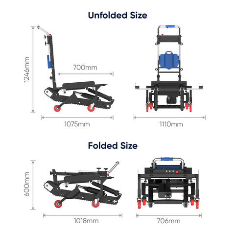 Xsto CT250S Self Balancing Electric Stair Climber Dolly Boss Moves 551 Lbs Load dimensions shown unfolded and folded sizes.