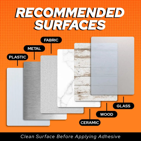 Recommended surfaces for LED UV Glue Kit With Light For Quick Cure Bonding, including metal, fabric, wood, plastic, ceramic, and glass.