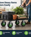 10 Inch Heavy Duty Pneumatic Casters Set Of 4 With Silky Smooth Air Rubber Tires For Industrial Utility Use And Heavy Freight Equipment Tough Construction on a utility cart with plants and storage boxes.