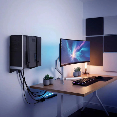 Universal PC Wall Mount Rock Solid Metal Support Bracket For Desktop Towers And CPUs, installed with adjustable straps