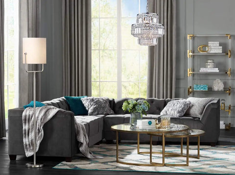 Modern Crystal Raindrop Pendant Chandelier With LED Ceiling Light For Living Room, featuring crystal design above sofa, 13in dia, 12in high