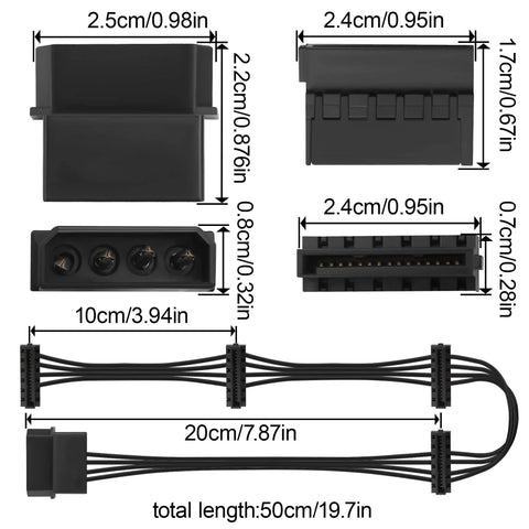 Molex To 4 SATA Power Cable 4 Pin LP4 To 4x SATA 15 Pin Female Expansion Power Cable For PC NAS Server Drives And SSDs 20.8 Inch 18AWG Tinned Copper Built For A Bunch Of Drives, 50cm cable diagram