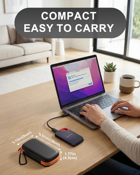 Rugged EVA Travel Case For SanDisk Extreme Portable SSD And Pro Portable SSD 500GB To 8TB, shockproof, on desk with laptop.