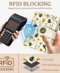 Floral Bee Small Wallet For Women With RFID Blocking Bifold Card Holder Zipper Coin Pocket PU Leather shown blocking contactless payment