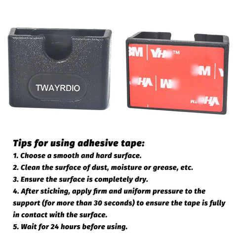 2 Pack Adhesive Back Radio Microphone Holder Universal Dash Mount Stick On Mic Hook For Motorola Kenwood Icom Yaesu Cobra Astatic No Drilling Required front and back view with adhesive tape and installation tips