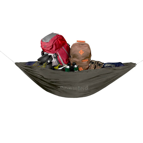 Underbelly Gear Sling Hammock For Camp Gear Storage, Lightweight And Portable Mini Hammock Organizer holding camping equipment