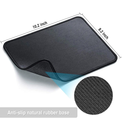 11 Pack Mouse Pads With Reinforced Stitching Edges Washable Non Slip Rubber Base 0.12 Inch Thick Smooth Surface Bulk Desk Pads 10.2 X 8.2 Inches Black, showing measurements and non-slip texture.
