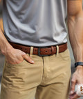 Mens Genuine Leather Belt Dress Casual Golf Jeans One And Three Eighths Inch Width Coffee Color Adjustable 42 44 Waist Durable Everyday Wear Belt For Work And Formal Outfits worn with khaki pants