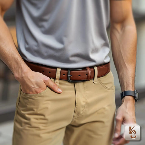 Mens Genuine Leather Belt Dress Casual Golf Jeans One And Three Eighths Inch Width Coffee Color Adjustable 42 44 Waist Durable Everyday Wear Belt For Work And Formal Outfits worn with khaki pants