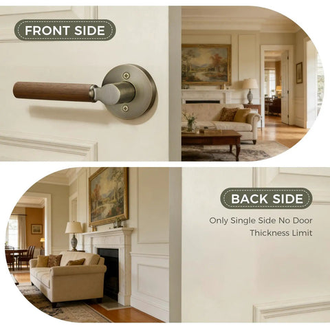 Walnut Wood Decorative Door Lever Two Pack With Antique Brass Finish Zinc Alloy Base Non Locking Dummy Handle For Interior Doors Warm Touch And Premium Cozy Vibe, front side on white door
