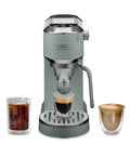 Compact Espresso Machine And Cold Brew Coffee Maker With Adjustable Milk Frother Wand For Smooth Hot Iced Lattes And Bold Cappuccinos in Pistachio Green with brewed drinks.