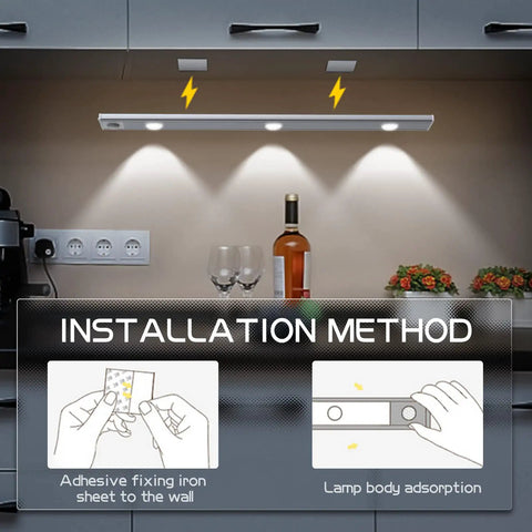 Two Pack Magnetic Under Cabinet Lights With Motion Sensor, Dimmable And Rechargeable USB Battery, installation in kitchen