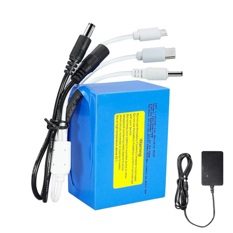Go-To 12V 5200mAh Rechargeable Lithium Battery Pack with Charger and DC5521 Connector, blue case, USB cables visible
