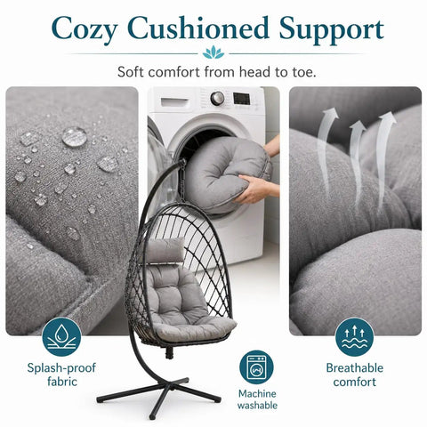 Comfy Hanging Egg Chair With Leg Rest And Stand In Gray, Rattan Wicker Swing Hammock shown with splash-proof, machine-washable cushion