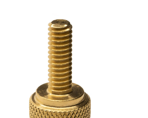 Close-up of American Made 1/4-20 Brass Thumb Screw with Knurled Diagonal Grip, 3/4 Inch Thread Length, No Burrs