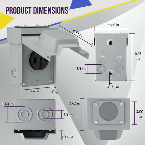 Dimensions of Lockable Weatherproof NEMA 14 50R Outdoor RV Power Outlet Box For RVs Campers EVs And Generators Enclosed Receptacle Panel