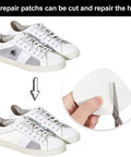 4 Pair Self Adhesive Shoe Hole Patches For Holes In Sneakers Leather Shoes And High Heels Heel Repair Kit being cut with scissors