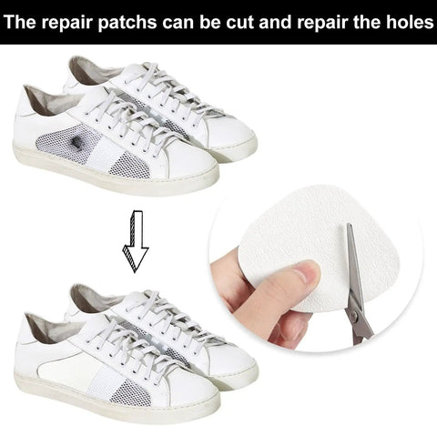 4 Pair Self Adhesive Shoe Hole Patches For Holes In Sneakers Leather Shoes And High Heels Heel Repair Kit being cut with scissors