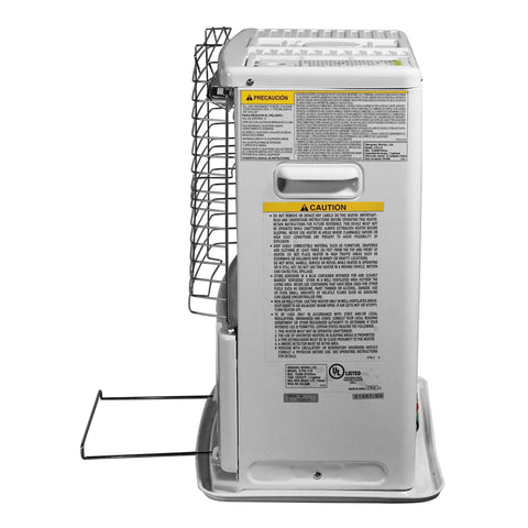 Side view of the HeatMate Portable Kerosene Heater For Indoor And Outdoor Use 10000 BTU Cordless Space Heater For Home Office Garage Basement And Camping In Any Weather showing safety labels and metal grill.