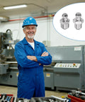 Grease fittings set, 6 pcs, 304 stainless steel straight M6×1mm with 10 dust caps; front view of worker in blue coveralls