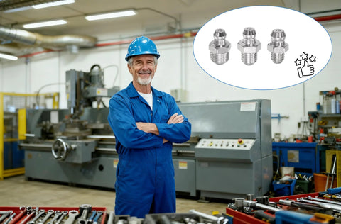 Grease fittings set, 6 pcs, 304 stainless steel straight M6×1mm with 10 dust caps; front view of worker in blue coveralls