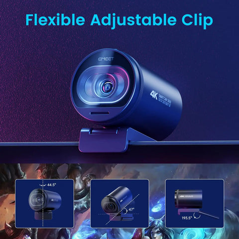 Next Level 4K Webcam Featuring Sony Sensor And Smart Autofocus For Streamers And Content Creators Boasting 1080p At 60fps, showing adjustable clip design.
