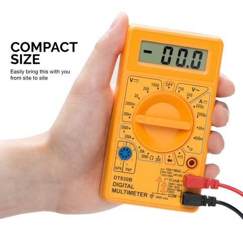 Hand holding orange digital multimeter with LCD display, compact size. Product: Digital Multimeter And Diode And Transistor Tester For Automotive And Home Use Must Have AC DC Volt Meter Battery Tester Analog Multimeter Kit Voltage Meter For Cars And Electronics.