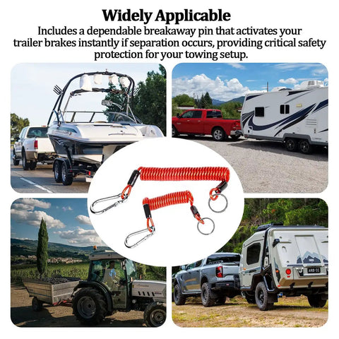 Tough As Nails All Weather 2Pc Trailer Breakaway Safety Cable Kit 4Foot Hella Durable Coiled 304 Stainless Steel Heavy Duty Towing Lanyard For Fifth Wheel Campers with breakaway pin and trailers.