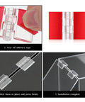 Set Of 16 Clear Self Adhesive Plastic Hinges 35x25mm installation process on glass furniture