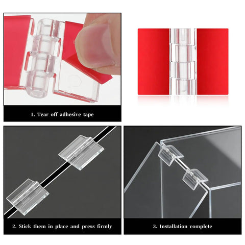 Set Of 16 Clear Self Adhesive Plastic Hinges 35x25mm installation process on glass furniture