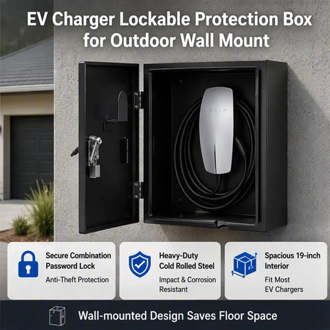 Rock Solid EV Charger Enclosure Box Featuring Quick Set Combo Lock Wall Mount Weatherproof Shield for Garage Driveway and Public Electric Car Plug Safe Zones, showing heavy steel protection with EV charger inside.