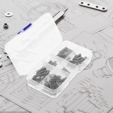 Dope Mini Stainless Steel Compression Spring Kit With 100 Practical Assortment Parts For Easy DIY Home Fix And Car Repair Projects That Actually Stick Around. open plastic organizer with silver springs
