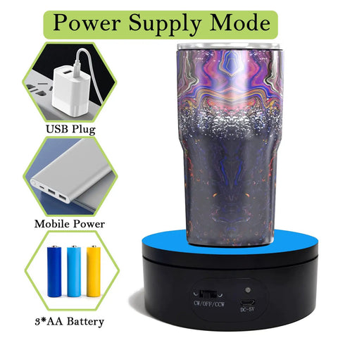 Black Motorized Rotating Display Stand, 360 Degree Automatic Silent Turntable For Epoxy Glitter Tumblers And Cups with USB power supply option.