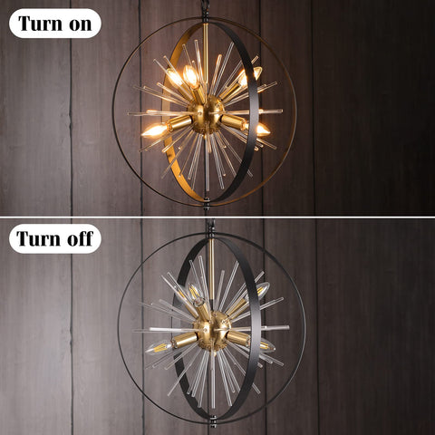 Gold And Black 6 Light Sputnik Globe Chandelier With Rotatable Spheres, on and off states, showcasing striking design, 18 in diameter.