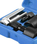 Pro Grade O2 Oxygen Sensor Socket Wrench Set With Removal Tool And Thread Chaser in blue case, close-up view
