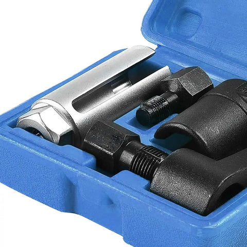 Pro Grade O2 Oxygen Sensor Socket Wrench Set With Removal Tool And Thread Chaser in blue case, close-up view