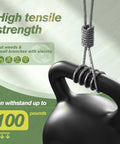 Close-up of weed wacker string lifting 100-pound weight, illustrating tensile strength, part of 8 Pack Weed Wacker String for Greenworks Trimmer Auto Feed Dual Line Zero Point Zero Six Five Inch 18 Feet Replacement Spool With Cap Covers Easy Install Compatible With Most Auto Feed Models.