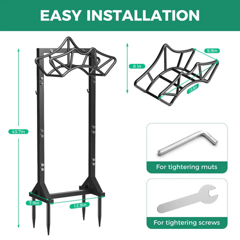 Heavy Duty Freestanding Hose Reel With Two Tool Hooks Rustproof Outdoor Hose Holder for 160 Foot Hoses showing assembly tools