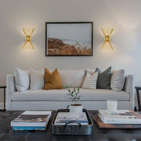Living room with Brass Mid Century Sunburst Wall Sconce Two Light Dope Modern Vanity Lamp Wall Mount for Bathroom Makeup Vanity Bedroom