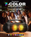 Party-Ready 120W Bluetooth Speaker With IPX6 Waterproof Build, LED lights, group of people dancing in the background