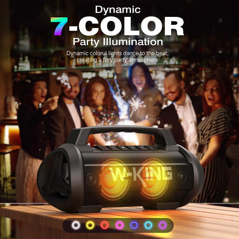 Party-Ready 120W Bluetooth Speaker With IPX6 Waterproof Build, LED lights, group of people dancing in the background