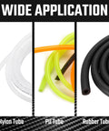 Image showing nylon, PU, and rubber tubes labeled for wide application, suitable for use with PEX Pipe Cutter For 1/8 To 1 Inch PEX And Rubber Hoses.
