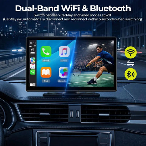 9 Inch Wireless Apple CarPlay Screen With Backup Camera And Built In Netflix YouTube And TikTok on car dashboard display.