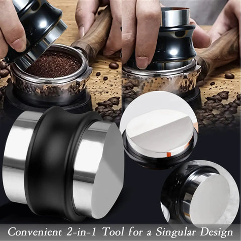 Dual Head Espresso Coffee Distributor And Adjustable Tamper With Bamboo Base Smoothly Fluffs And Levels Grounds For Dead Nuts Consistent Pulls In 51MM Portafilter Baskets with hands using the tool.