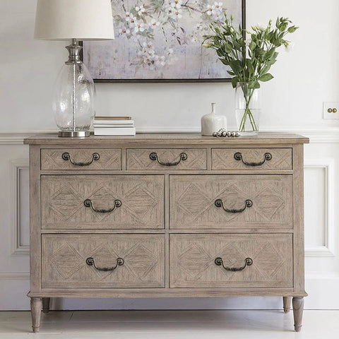 Light wooden dresser with six drawers fitted with 5 Piece Drop Bail Cabinet Handles Bronze Finish 6.2 Inch Total Length.
