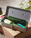 Open Blue Car Trunk Tool Box Compact Lockable Organizer for Tools and Gear Portable 12.6 x 5.4 x 3.8 Inch on wood box